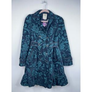 Elevenses Anthropologie Green Black Brocade Coat Floral Twee Academia Size 2